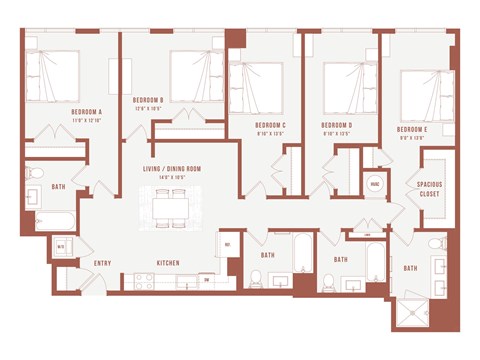 Floor plan for 5 beds, 4 baths, 348 sqft
